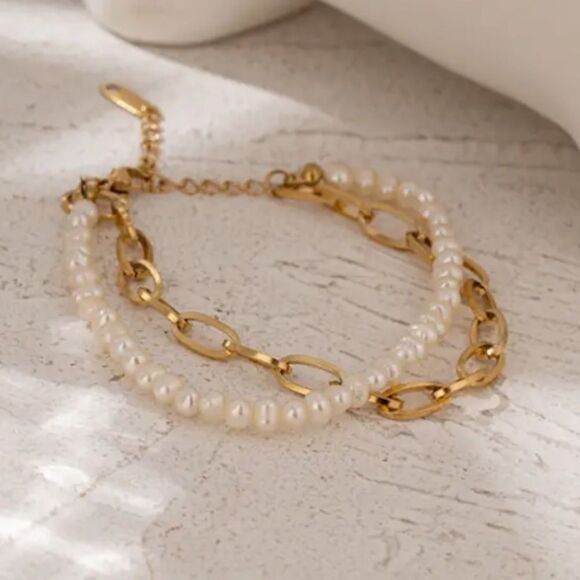 #38 Double Layer Gold Chain Freshwater Pearl Bracelet - Picture 3 of 7